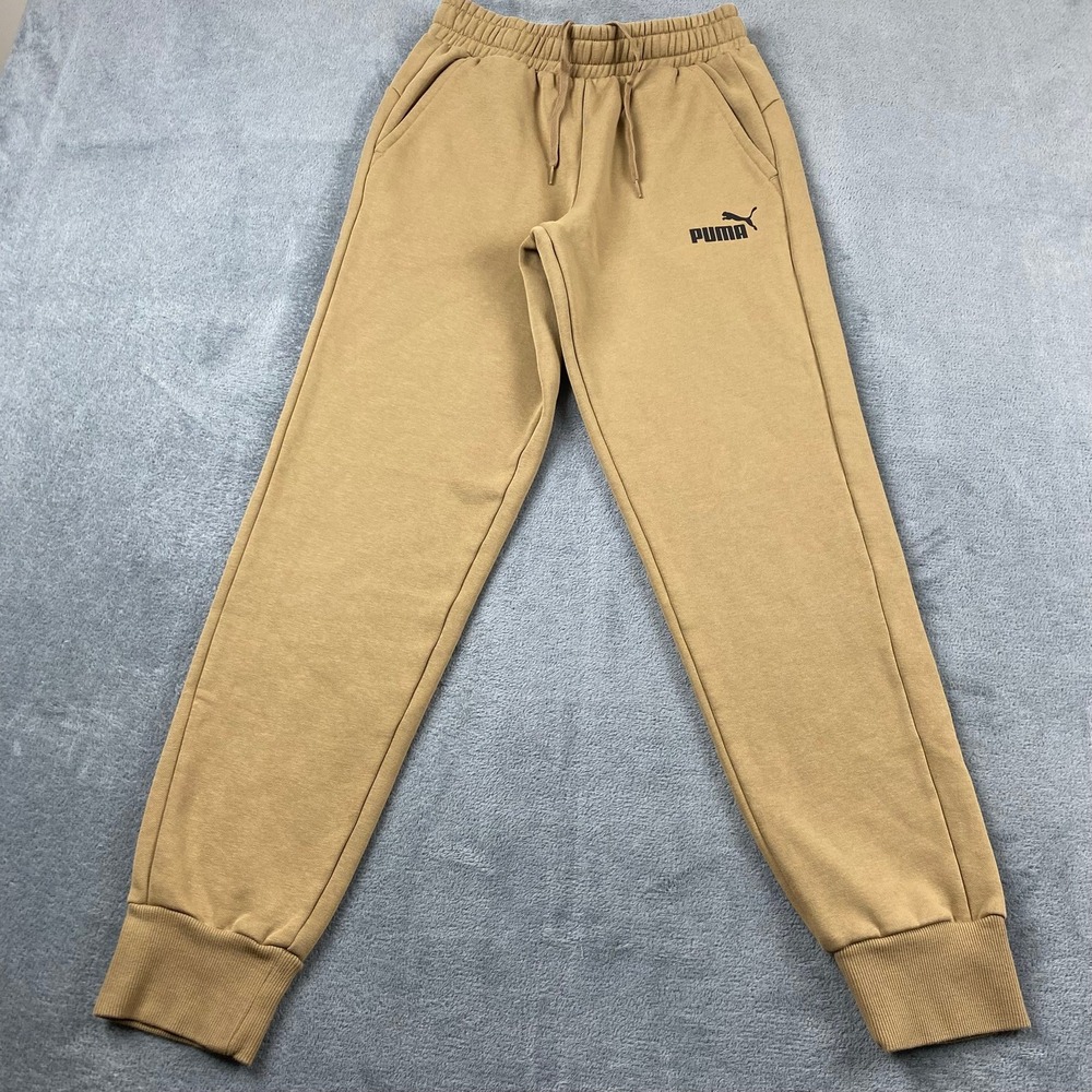 Puma Mens Small Joggers Tan Brown Fleece Logo Drawstring Sweatpants